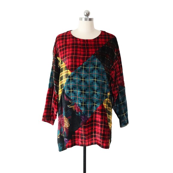 Vintage Tops - vintage 90s plaid velvet patchwork tunic top M holiday blouse shirt boho vtg